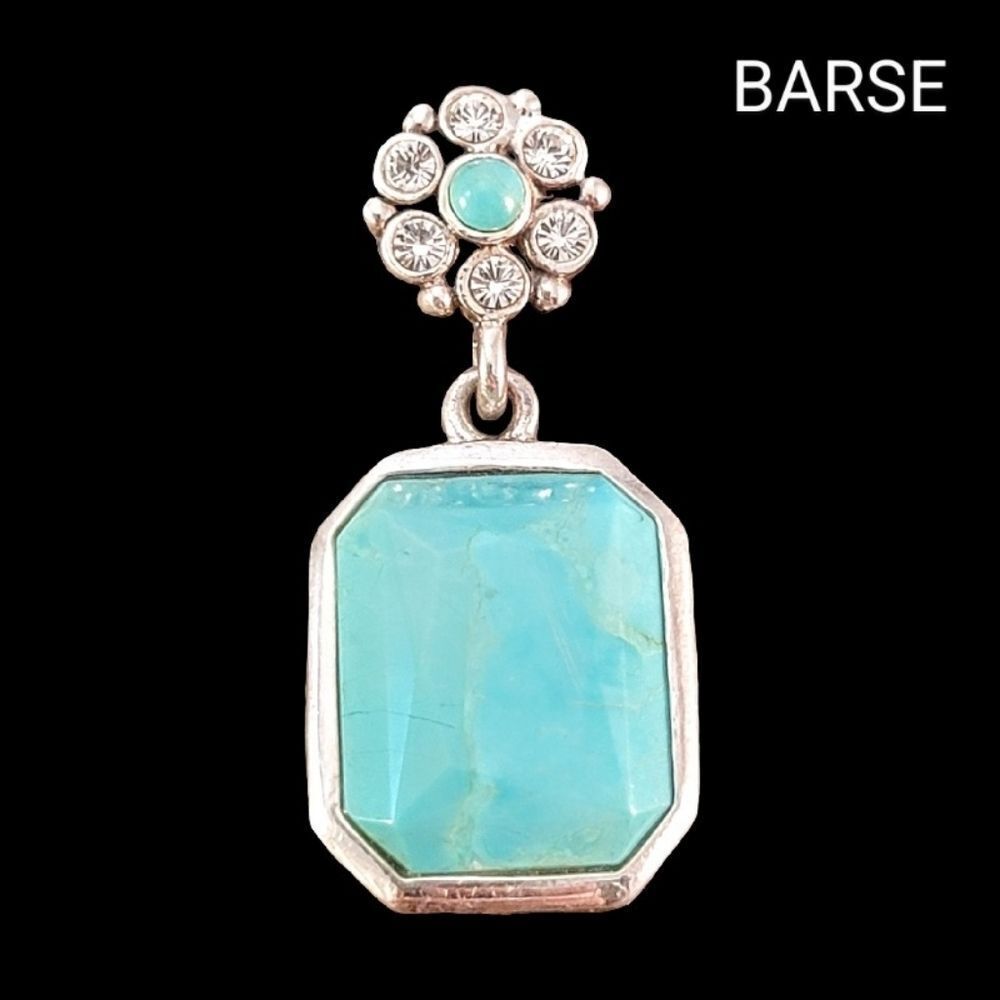 Barse Blue Green Turquoise CZ Flower Drop Emerald Shape Sterling Silver Pendant